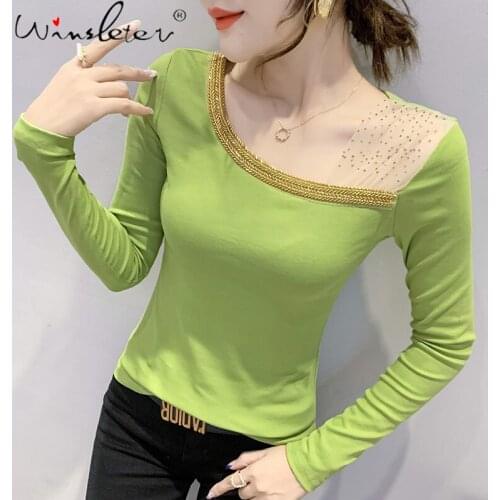 Spring Fall Korean Style Cotton T-Shirt Fashion Sexy Skew Collar Shiny Diamonds Mesh Women Tops Long Sleeve Tees 2021 T18309A