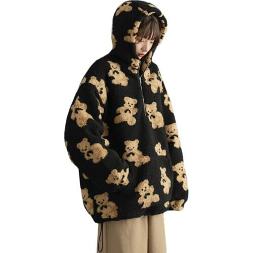 Women Winter Faux Fur Zipper Hoodies Cute Cartoon Bear Graphic Printed Fuzzy Warm Sweatshirt Harajuku Oversized Loose Top