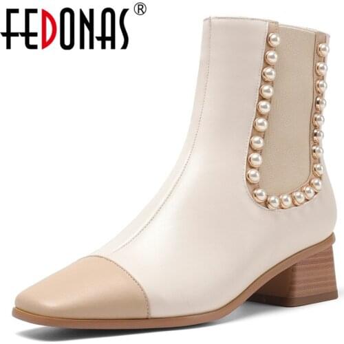 FEDONAS Pearl Decoration Women Ankle Boots Genuine Leather Low Heels Pups For Women Winter Newest Casual Offce Lady Shoes Woman