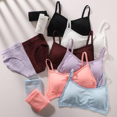 Womens Underwear Sets Sexy Bra Panties Low Rise Brief Women Solid Color Seamless Padded Bra Set Girls Sleeveless Lingerie Femme