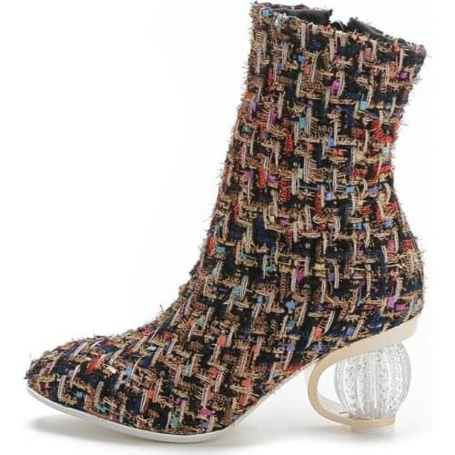 US4-11 Womens Woolen Blended Mixed Colors Ankle Boots Crystal Ball Heel Fleece liner Winter Shoes Plus Size New C488MA1