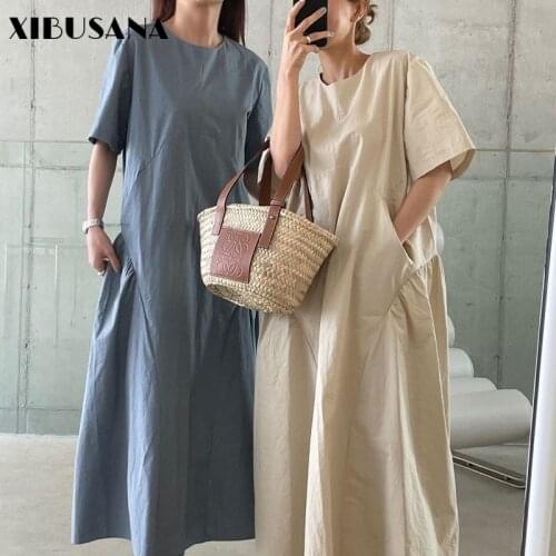 Women Vintage Solid Long Dresses 2021 Summer Short Sleeve O-neck Ankle Length Dressees Casual Loose Elegant Femme Vestidos New
