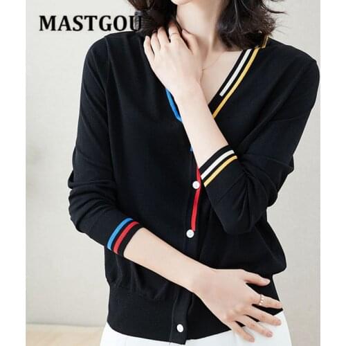 MASTGOU V Neck Women Cardigan Sweater Striped Knit Female Jumper Autumn Spring Ladies Jacket Coat Woman Sweater 2021