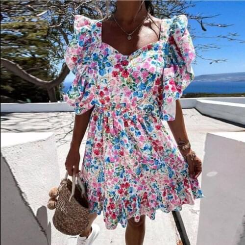 2021 Summer Backless Floral Print Dress Women Elegant Butterfly Sleeve Square Collar Belt Bohe Sexy A Line Beach Party Dresses