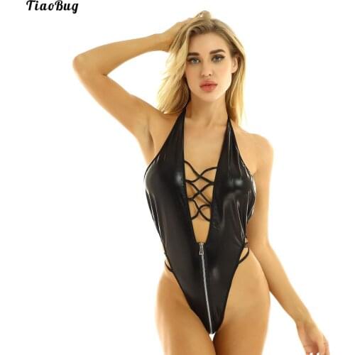TiaoBug Womens One-Piece Wet Look Faux Leather Lingerie Halter Neck Backless Lace-Up Skin-Tight Thong Leotard Bodysuit Nightwear