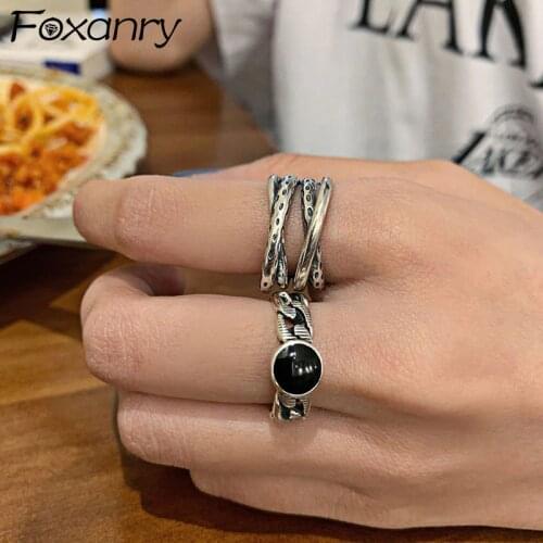 Foxanry 925 Sterling Silver Adjustable Rings for Women New Fashion Vintage Black Stone Multilayer Geometric Party Jewelry Gifts