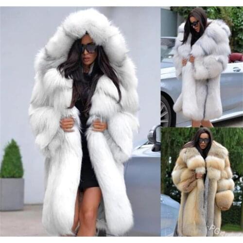 Winter Long Faux Fur Coat High Collar Mid Length Women Hood Jacket Size S to 5XL Free Shipping