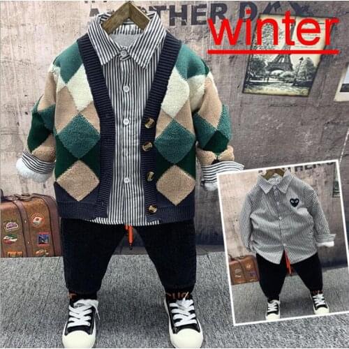 Winter boys Knit Cardigan,plush shirts,plush jeans 3pcs Outfit Kids Boys Clothes Set Sport Suit For Toddler Clothing Sets 2-6yr