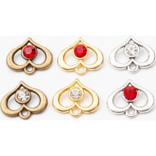 2019 New 10pcs 13*16mm Retro Zinc Alloy Hearts Inlaid Crystal Glass Beads Charms Pendants Connectors DIY Jewelry Accessories