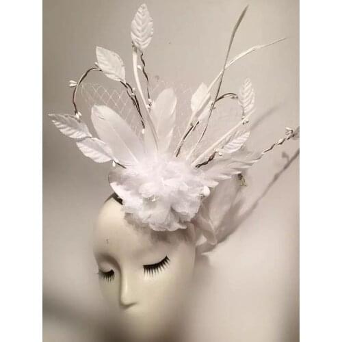 White Fascinator Feather Hair Accessories Women Cocktail Party Headwear Decorative Clips Headpieces