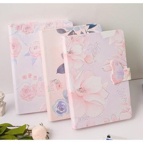 A5 Hardcover Color Flower Creative Notebook 32K Lovely Girl Writing Diary Planner Book Magnetic Buckle Colored Blank Pages
