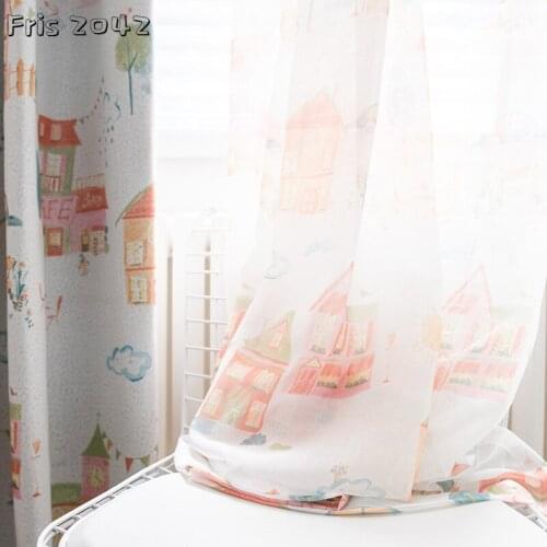 Childrens Cartoon House Printing Tulle Modern Minimalist Fresh Style Light Transmission Tulle for Living Dining Room Bedroom