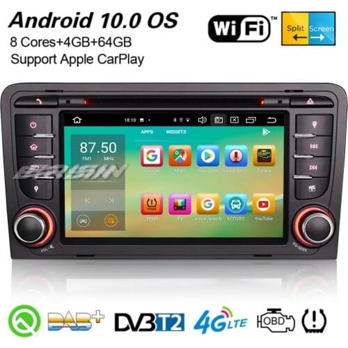 Erisin 8147 8-Core Android 10.0 CarPlay DAB+ Car Stereo Navi WiFi DVB-T Bluetooth OBD2 Canbus DSP GPS For Audi A3 S3 RS3 RNSE-PU