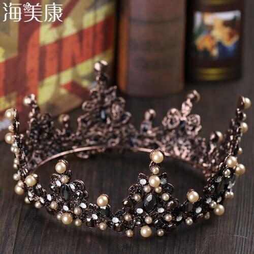 Haimeikang Baroque Pearl Retro Black Luxury Bridal Crystal Tiaras Crowns Princess Queen Rhinestone Wedding Hair Accessory