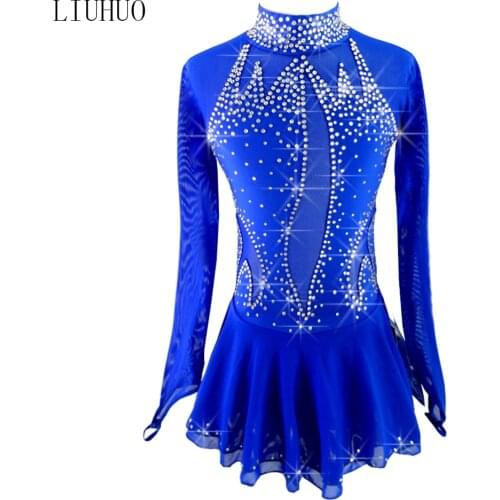 Manufacturer Custom Figure Skating Costumes Girls Women Cheer Outfits Adult Skating Dress Royal Blue Long Sleeves Skirt