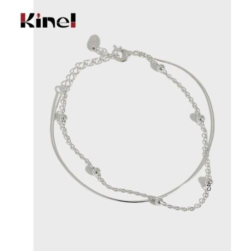 Kinel Authentic 925 Sterling Silver Double Bracelets for Women Minimalist Round Bead Snake Bone Chain Jewelry Korean Style Gift