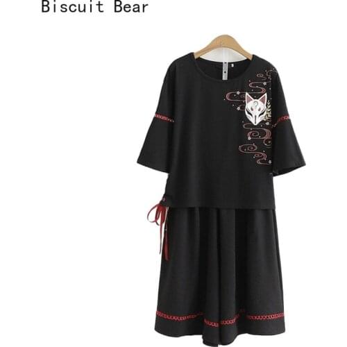 Black Women 2 Pcs Set Fox Print Cotton T Shirt +Wide Leg Pants Summer Short Sleeve O-Neck Lace Up T Shirts Pants Casual Set Girl