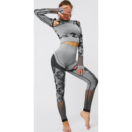 Newest Set Women Seamless Camouflage Long sleeve Tops High Waist Leggings Fitness Sport GYM Camo Suits Tight Workout pants