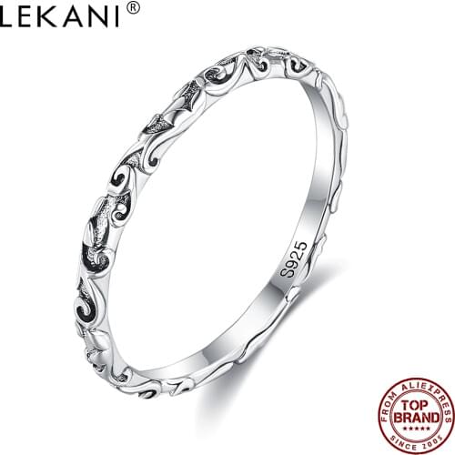 LEKANI 925 Sterling Silver Engraved Pattern Vintage Couple Ring Black Tibetan Silver Stackable Finger Rings For Women Jewelry