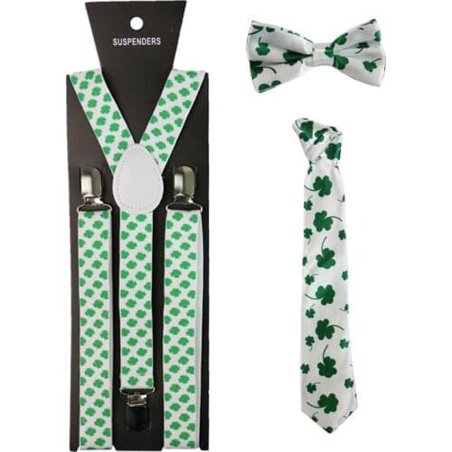 Fashion Four-Leaf Clover Suspenders Necktie And Bowtie Set Braces Elastic Clip-on Y-Back Suspenders Tie Set For Men Women