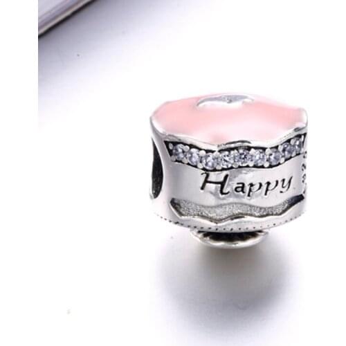 925 Sterling Silver Beads Pink Enamel Happy Birthday Cake Charm Fit Original pandora Bracelet For Women DIY Jewelry Making