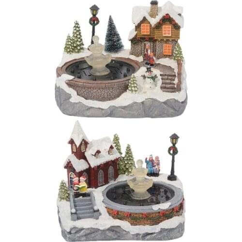 Christmas Village Scene Ornament Colorful LED Lighted Resin Snow House Music Water Fountain Animated Statues Figurine Home