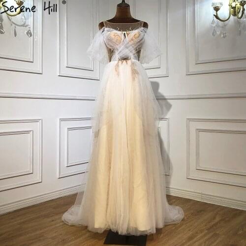 Serene Hill White Simple Sexy Evening Dresses Gowns 2021 A-Line Beading Tulle For Women Party LA71000