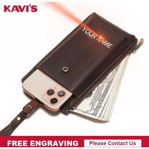 KAVIS Free Engraving Genuine Leather Cell Phone Bag Shoulder Pocket Wallet Pouch Case with Neck Strap Quality CellPhone Holder