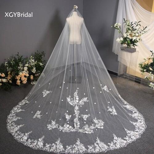 Long Chapel Tails Wedding Veils Korean Pure White Polyester Appliqued Lace Eage For Marriage New Arrival Bridal Accessories