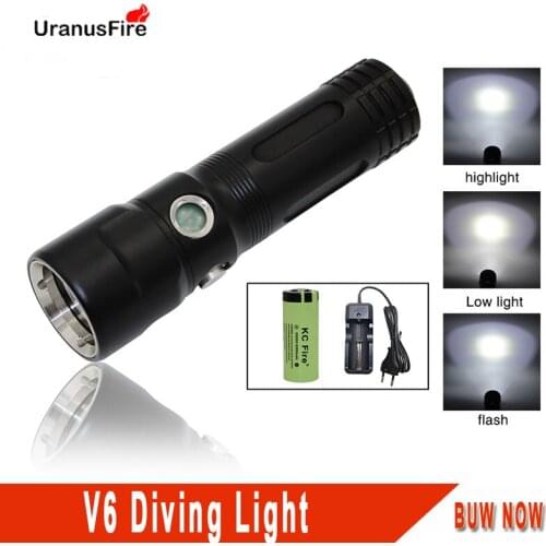 Uranusfire Scuba Diving Flashlight LED Waterproof V6 2000 lumens Powerful Portable tactical lights 18650 26650 dive torch