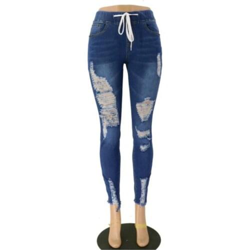Women Jeans High Waisted Straight Skinny Stretchy Pant Streetwear Ladies Hole Washed Bandage Denim Pencil Pants Trousers 2021