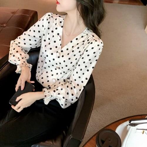 Spring summer Long Sleeve V-Neck Shirts Tops Elegant Office Women Button Ladies Polka Dot Print Blouse Shirt 2021
