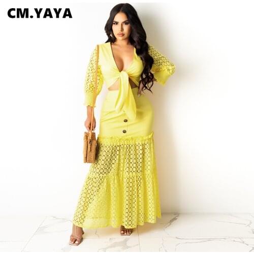 CM.YAYA Women Set Solid Full Puff Sleeve V-neck Crop Tops Stretchy Long Skirts Two 2 Piece Sets Elegant Vintage Outfit Summer