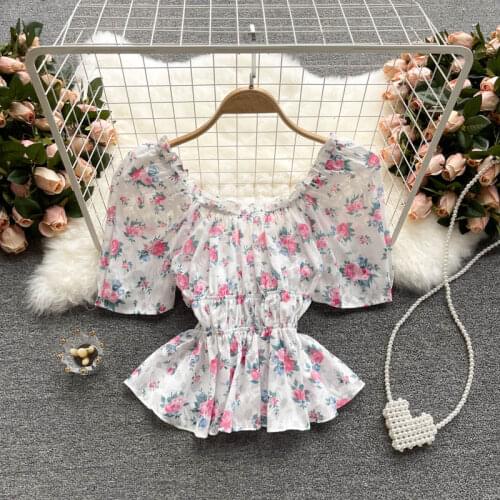 Summer new bow printing crop top V-neck front and back wear temperament to reduce age crop top women Sweet puff sleeves cropped