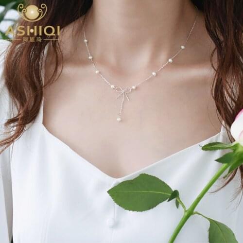 ASHIQI Natural Freshwater Pearl 925 Sterling Silver Bow Necklace Fashion Jewelry for Women