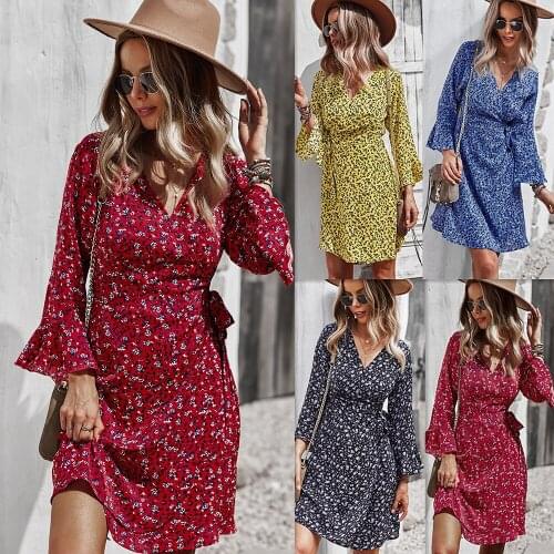 Women Floral A-Line Dress Sweet Elegant Floral Ruffles V-neck Bandage Dress for Lady Chic Flowers Long Sleeve Mid Dress
