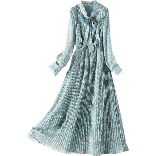 2021 Spring New Sexy V Neck Print Dress Women Casual Long-Sleeve High Waist Blue Dress Women Chiffon Long Dresses Vestidos Y552