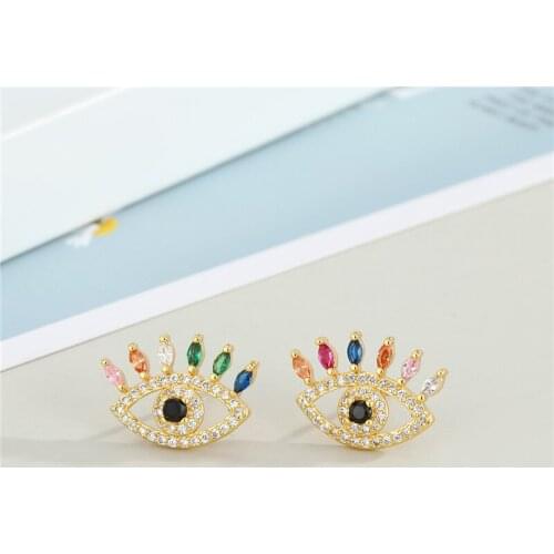 1Pair Colorful Zircon Sun Lucky Evil Eyes Earrings For Women Vintage Shiny Crystal Hollow Turkish Eye Oval Stud Earrings Jewelry
