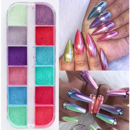 12 Grids Chrome For Nail Art Decorations Nail Powder Dipping Shimmer Dust Colorful Pigment Powder Rubbing Pearl Glitter