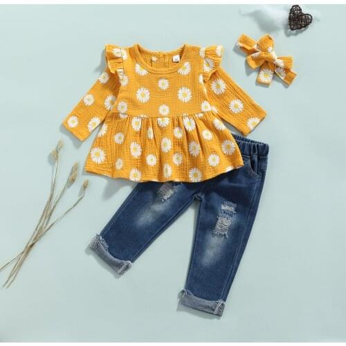 Autumn Fall Spring Kids Baby Girls Daisy Print T-Shirt Ripped Denim Pants Headband 3Pcs Children Clothing