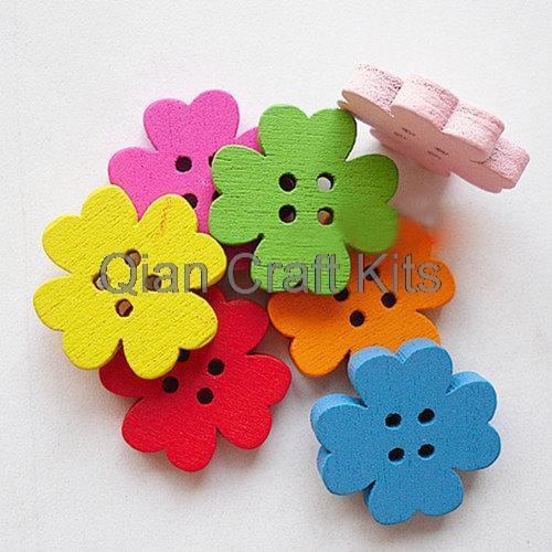 400pcs Wooden Buttons, Flower, Mixed Color, 20mm, 4-Holes wood floral buttons painted