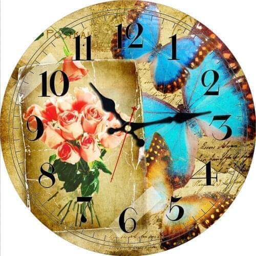 Butterfly Vintage Flowers Wall Clock Silent Coffee Shop Wall Art Decor Battery Operated 14 Inch Shabby Retro Clock