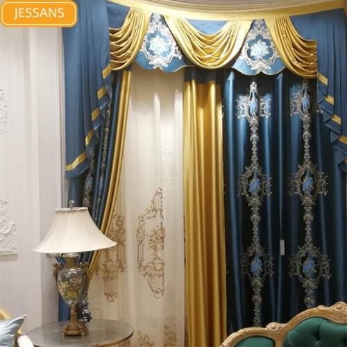 European High-end Imitation Silk Jacquard Stitching Blackout Curtains for Bedroom Living Room Finished Custom Screen Valance
