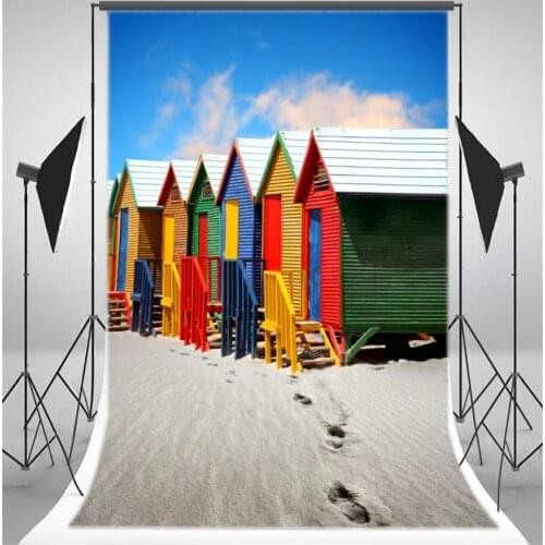 Photography Backdrop Painted Multi Colour Wood House Winter Snow Footprint Blue Sky White Cloud Christmas