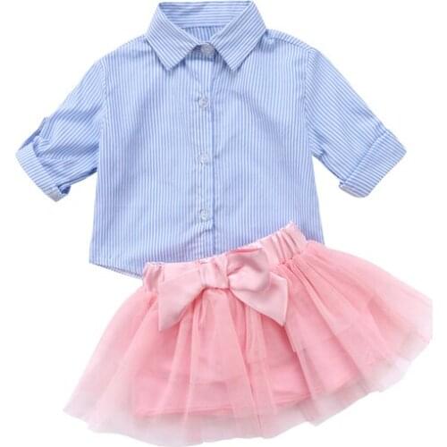 2PCS Princess Cute Baby Girls Turn-Down Collar Single Breasted Denim Shirt Tops Lace Bow Skirt Outfit Summer Clothing Sets