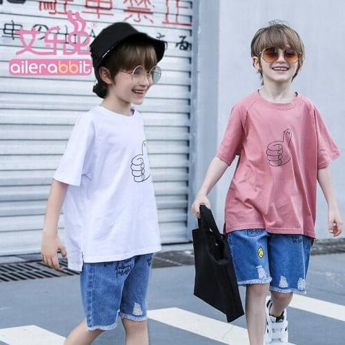 2019 new boys thumb set cotton pattern short-sleeved T-shirt jeans set 2 sets of childrens clothing set