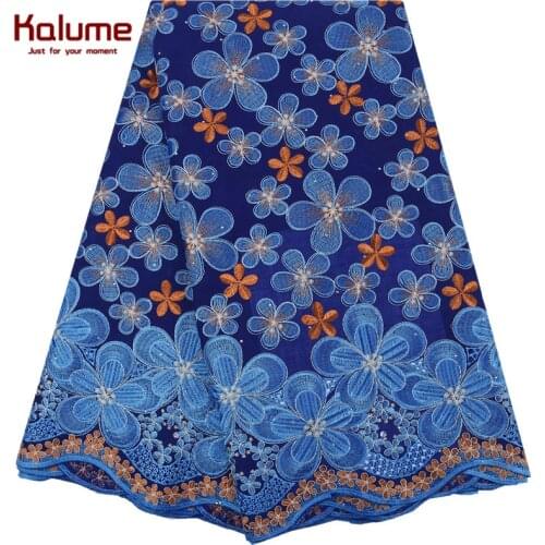 Kalume Royal Blue African Swiss Cotton Lace Fabric High Quality Nigerian Swiss Voile Lace Fabric Stones For Daily Dress 2119