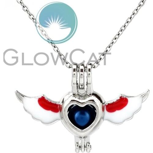 Red White Enamel Heart Angel Wings Beads Cage Locket Pendant Perfume Diffuser Pearl Cage Necklace KK1070