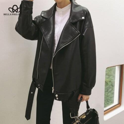 Bella philosophy Loose PU Faux Leather Jacket Women Classic Moto Biker Jacket Autumn Lady Basic Coat Fashion Black Outerwear