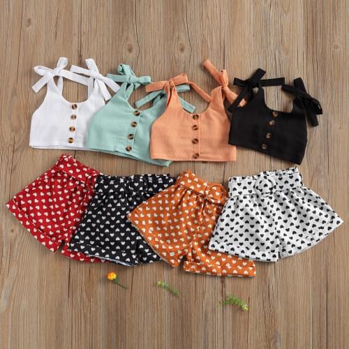 Toddler Baby Girl Summer 2Pcs Set Solid Bandage Suspender Tops + Polka Dot Elastic Heart Short Pants Casual Children Outfits